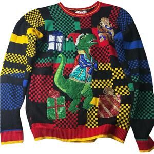 Christmas Sweater Ugly Dinosaur T-Rex Dino Santa Hat Present Plaid Unisex
